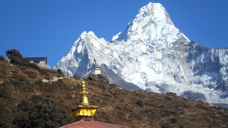 Lovely mountain Ama Dablam 6812 m with Pangbuche Monastery 