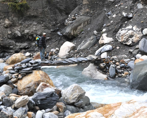 One Of Many Stone Paved Suspension Bridge