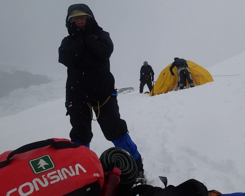 Setting Tent At Snowy Tent Peak Base Camp